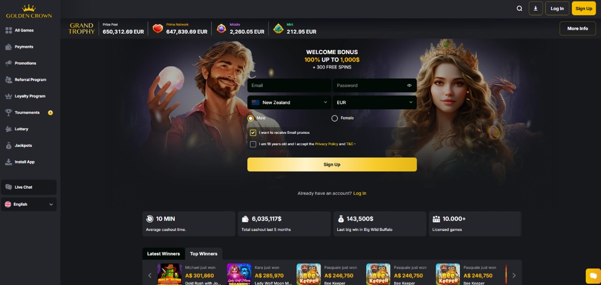 Golden Crown casino homepage showing the welcome bonus of 100% up to $1,000 + 300 Free Spins